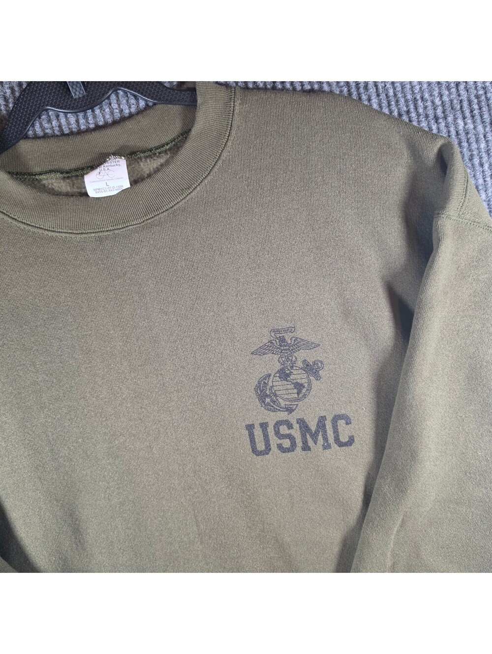 USMC Marine Corps Sweatshirt Mens L Olive Green Made USA Military EGA Crewneck
